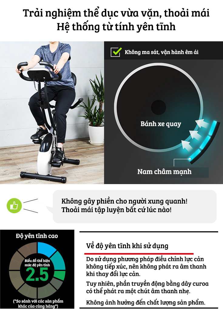 Xe đạp thể thao tại nhà gấp gọn 10 cấp độ kháng lực cảm biến nhịp tim hoạt động êm ái tải trọng 120kg