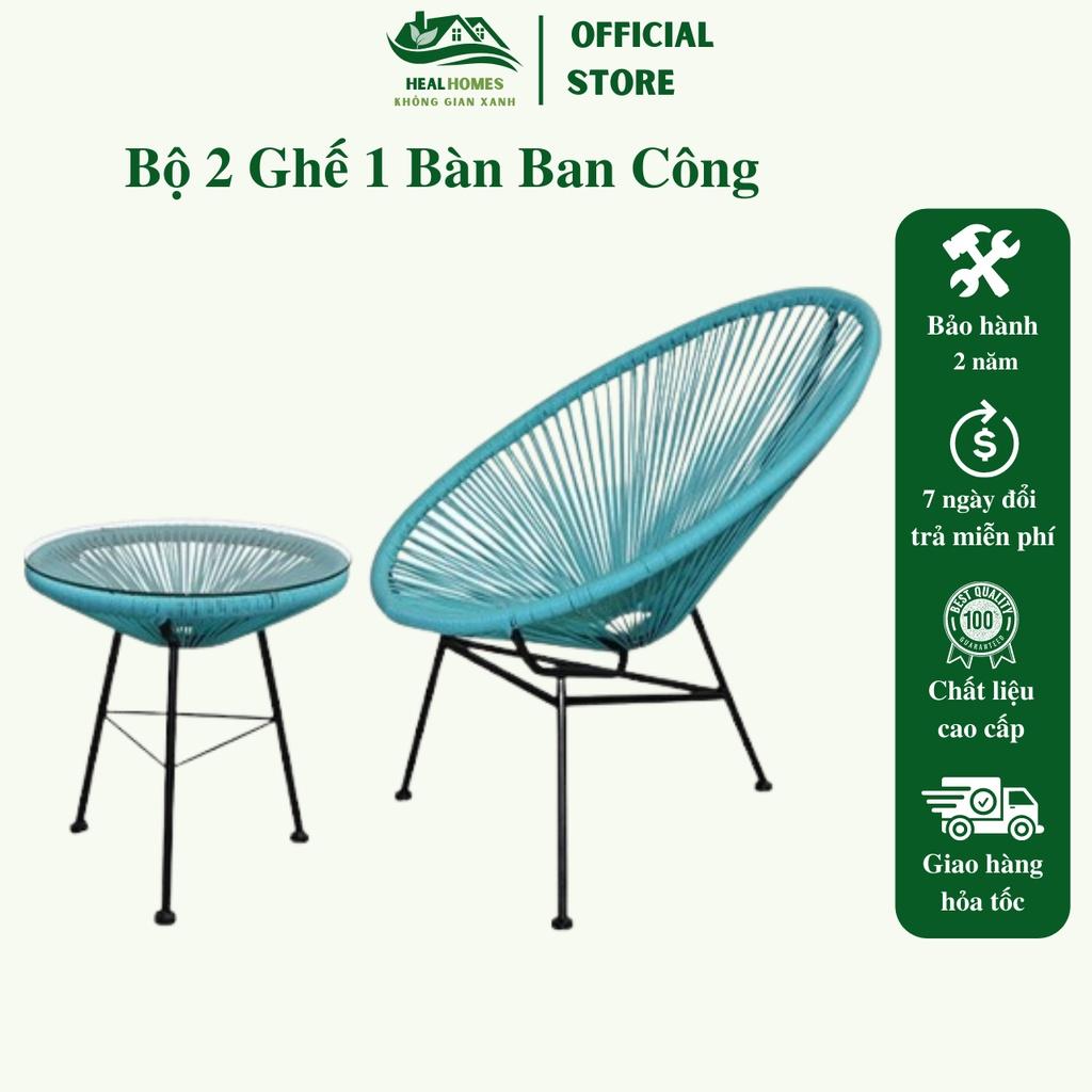 Bộ bàn ghế ban công gồm 1 bàn và 2 ghế giả mây lõi thép, dùng thư giãn trang trí phòng khách sân vườn cà phê / Healhomes