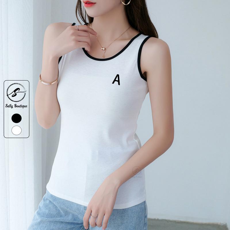 Áo Thun 3 Lỗ Nữ Phối Viền Màu In Chữ A, Áo Mặc Nhà,Tập Thể Dục Thun Cotton Pha, Co Giãn Tốt Sally Boutique-3L06