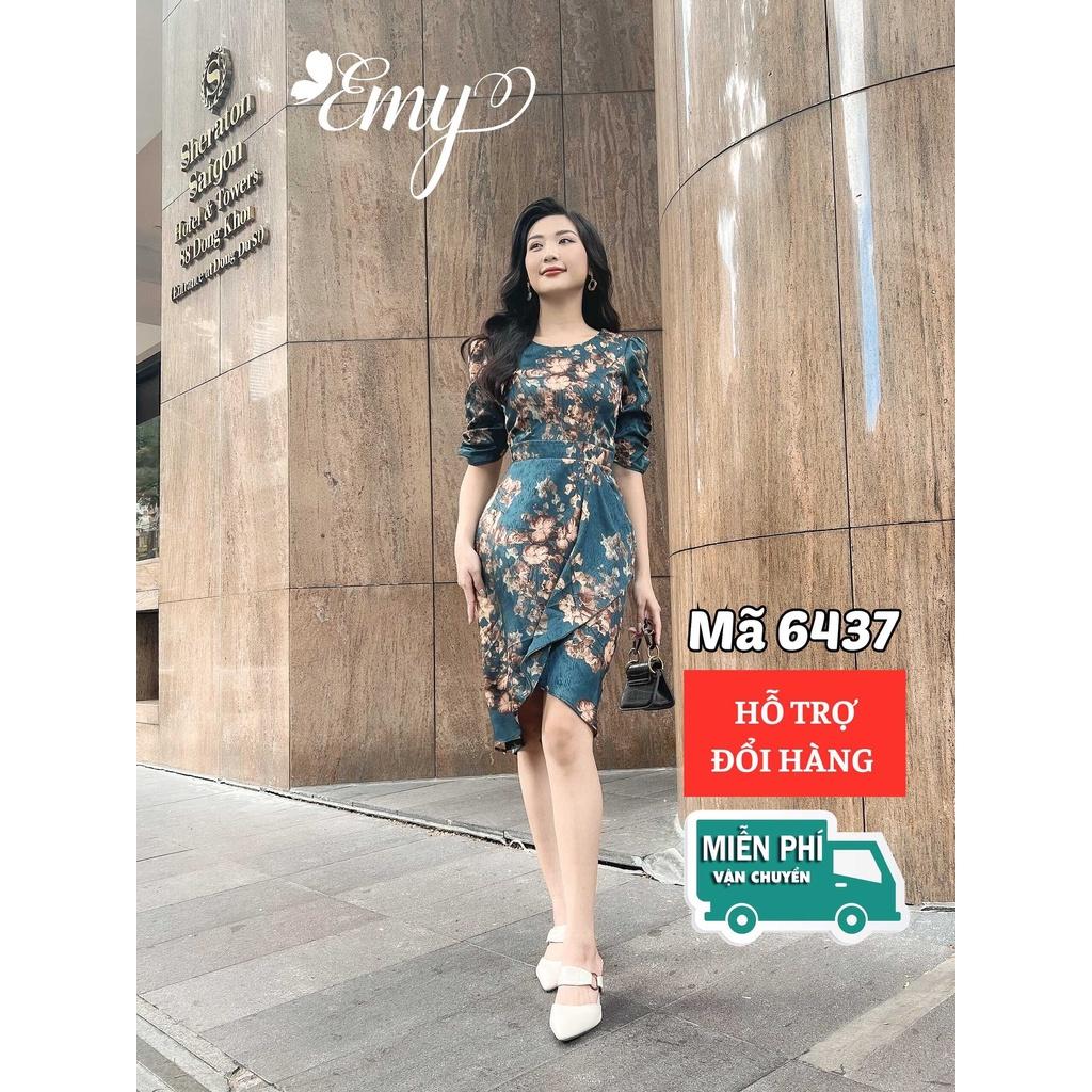 Váy EMY EM6437 Nữ Body Xanh Hoa Cổ Tròn Tà Đắp Chéo Không Túi