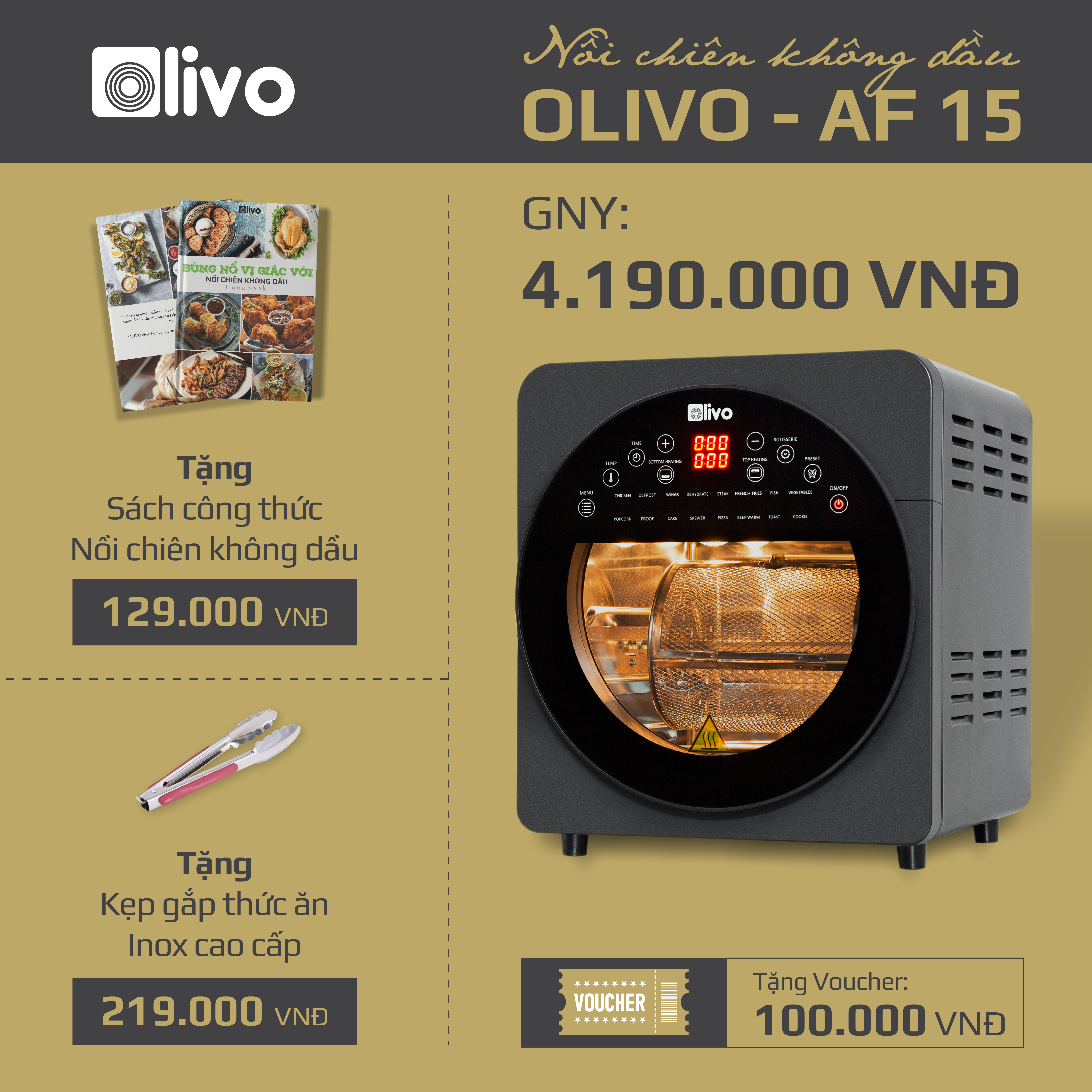 Nồi Chiên Không Dầu OLIVO AF15 [Hàng Chính Hãng] 16 Chức Năng - Dung Tích 15L - Công Suất 2000W - Thương Hiệu Mỹ