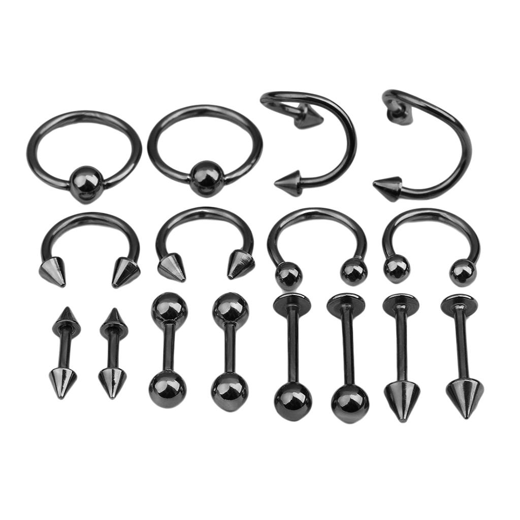 16/Pack Stainless Steel Ear Studs Labret Lip Rings Nose Tongue