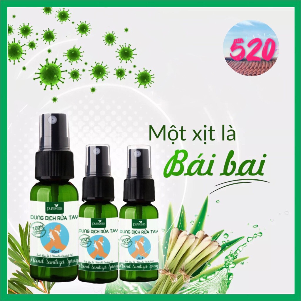 Dung dịch sát khuẩn tay Purevess - tinh dầu Sả 50ml