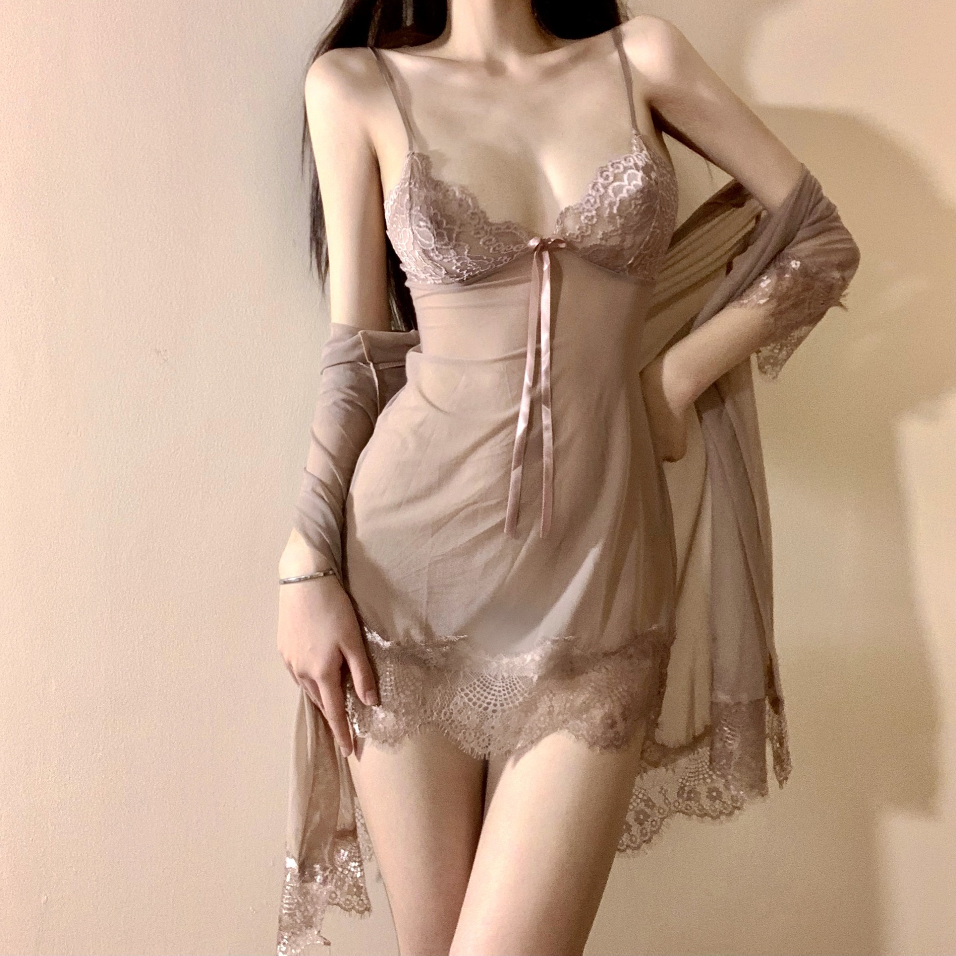 Set 3 món đồ ngủ sexy gợi cảm Jun&amp;mom DN56 váy ngủ kèm áo choàng chất voan mềm, váy ngủ sexy
