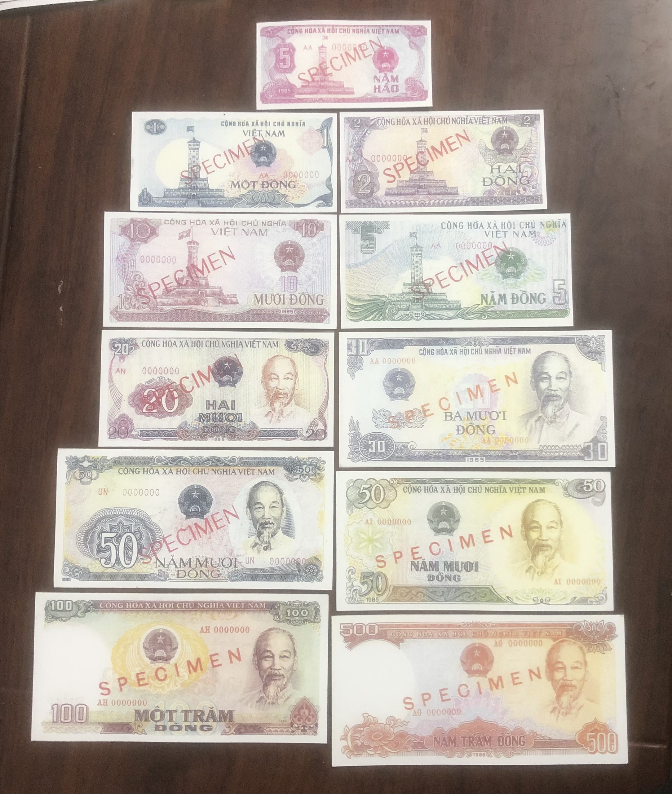 Bộ 11 tờ tiền xưa giấy mẫu SPECIMEN năm 1985, copy lưu niệm