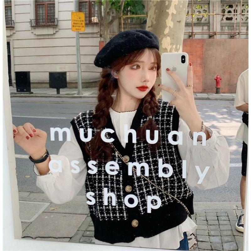 Áo gile cardigan đa năng mix sọc retro phong cách Vintage