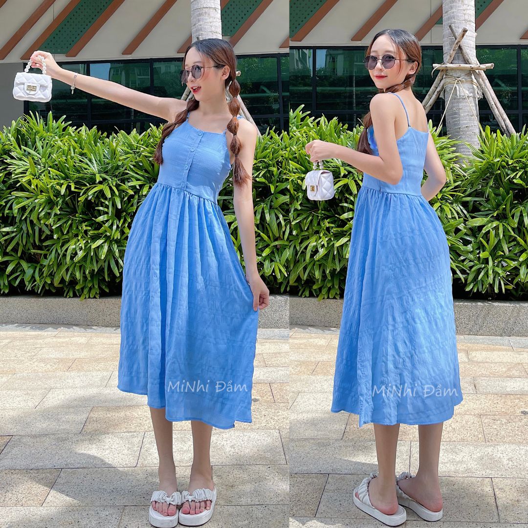 Đầm 2 dây màu xanh dương dáng xòe, Đầm maxi 2 dây dài đi biển Cao Cấp đính nút ngực, nữ tính quyến rũ MiNhi