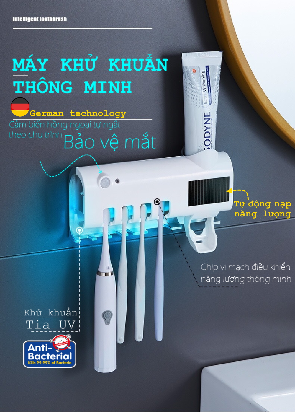 MÁY DIỆT KHUẨN BÀN CHẢI. Model: Ger001, Tự động diệt trùng bằng Công nghệ khử khuẩn tia cực tím. Tự động sạc pin bằng pin nano năng lượng