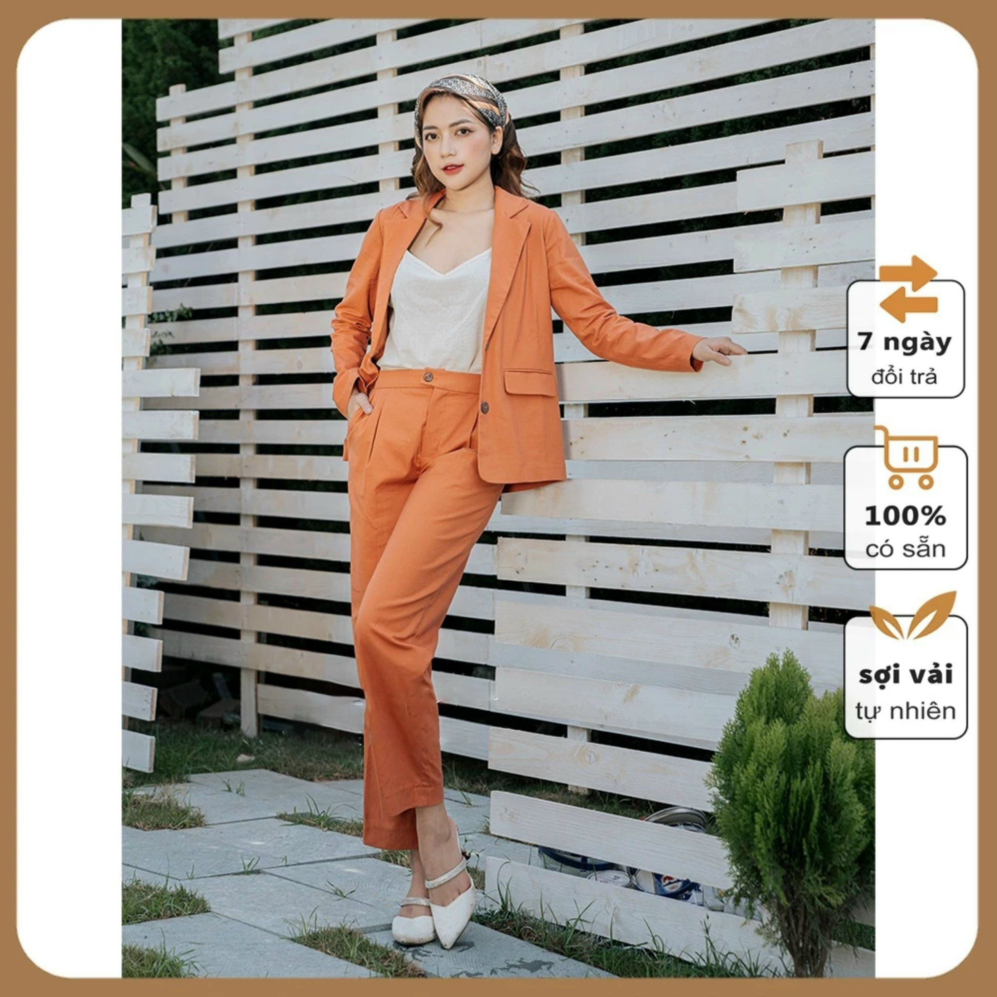 Áo blazer nữ dáng suông khoác nhẹ cao cấp màu cam vải linen lên form chuẩn đẹp, trẻ trung công sở Đũi Việt Dv08