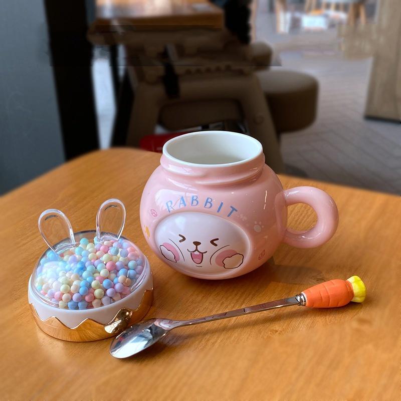 Cốc Sứ Thỏ Xinh Xắn Decor Văn Phòng, Cặp Đôi, Trẻ Em Có Nắp Và Thìa Cute