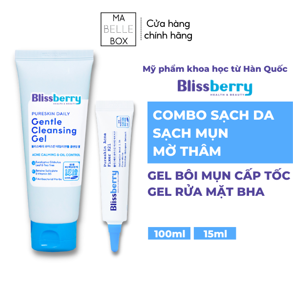 Combo Blissberry Gel giảm mụn mờ thâm 15ml và Sữa rửa mặt BHA 100ml