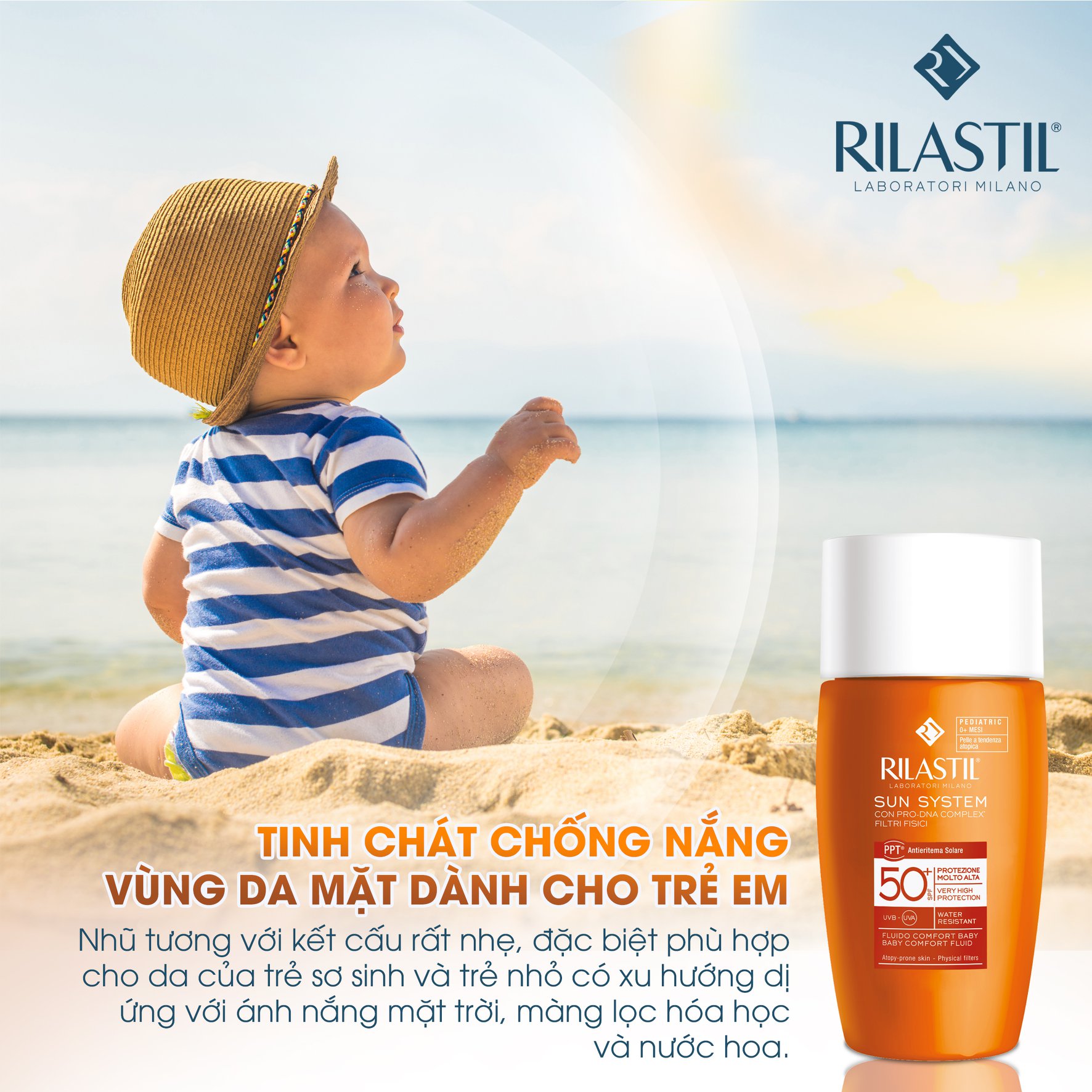 Kem chống nắng cho bé và da nhạy cảm Rilastil Sun System Pediatric Ppt Baby Comfort Fluid Spf 50+ (50ml)