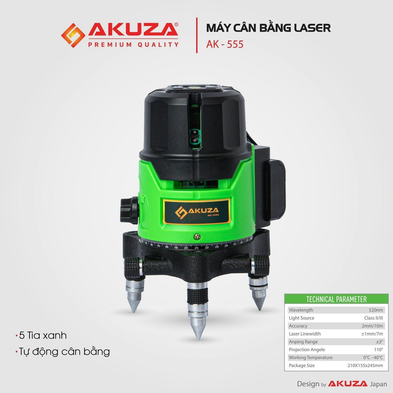 Máy cân bằng tia laser AKUZA AK-555, Máy bắn cốt, máy cân mực, Máy đánh thăng bằng laser 5 tia xanh thế hệ mới 2020