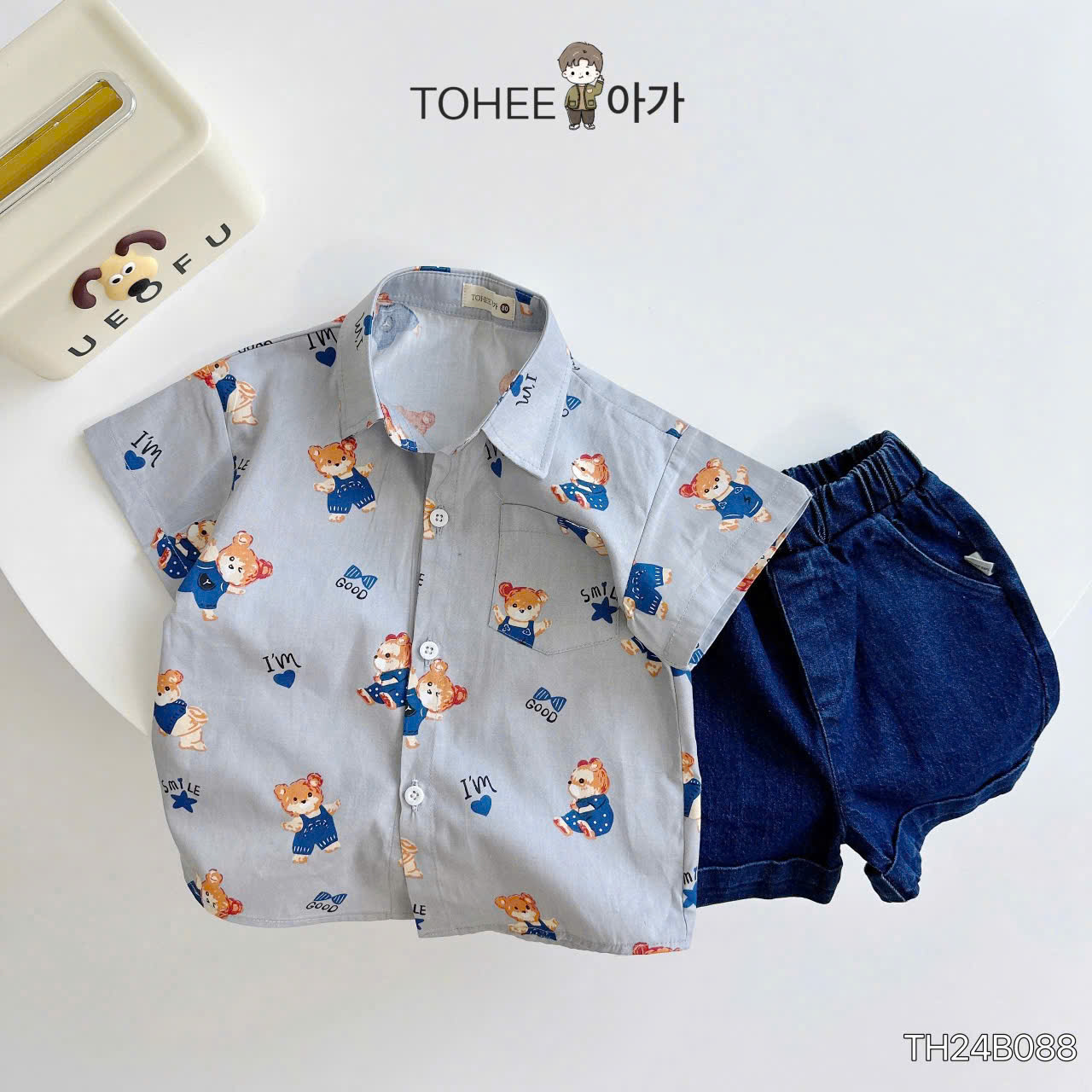 Set bộ cho bé trai áo sơ mi phối quần jeans họa tiết gấu từ 10-25kg chất vải mềm mát
