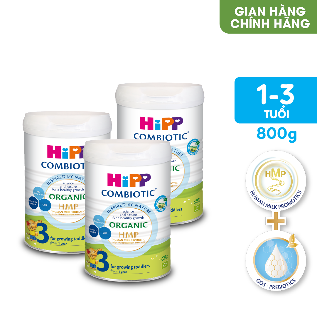 Combo 3 lon sữa bột dinh dưỡng công thức HiPP 3 Organic Combiotic chất lượng hữu cơ, tăng cường sức khoẻ hệ miễn dịch, bổ sung Canxi và vitamin D dành cho trẻ trên 12 tháng tuổi (3 lon x 800g)