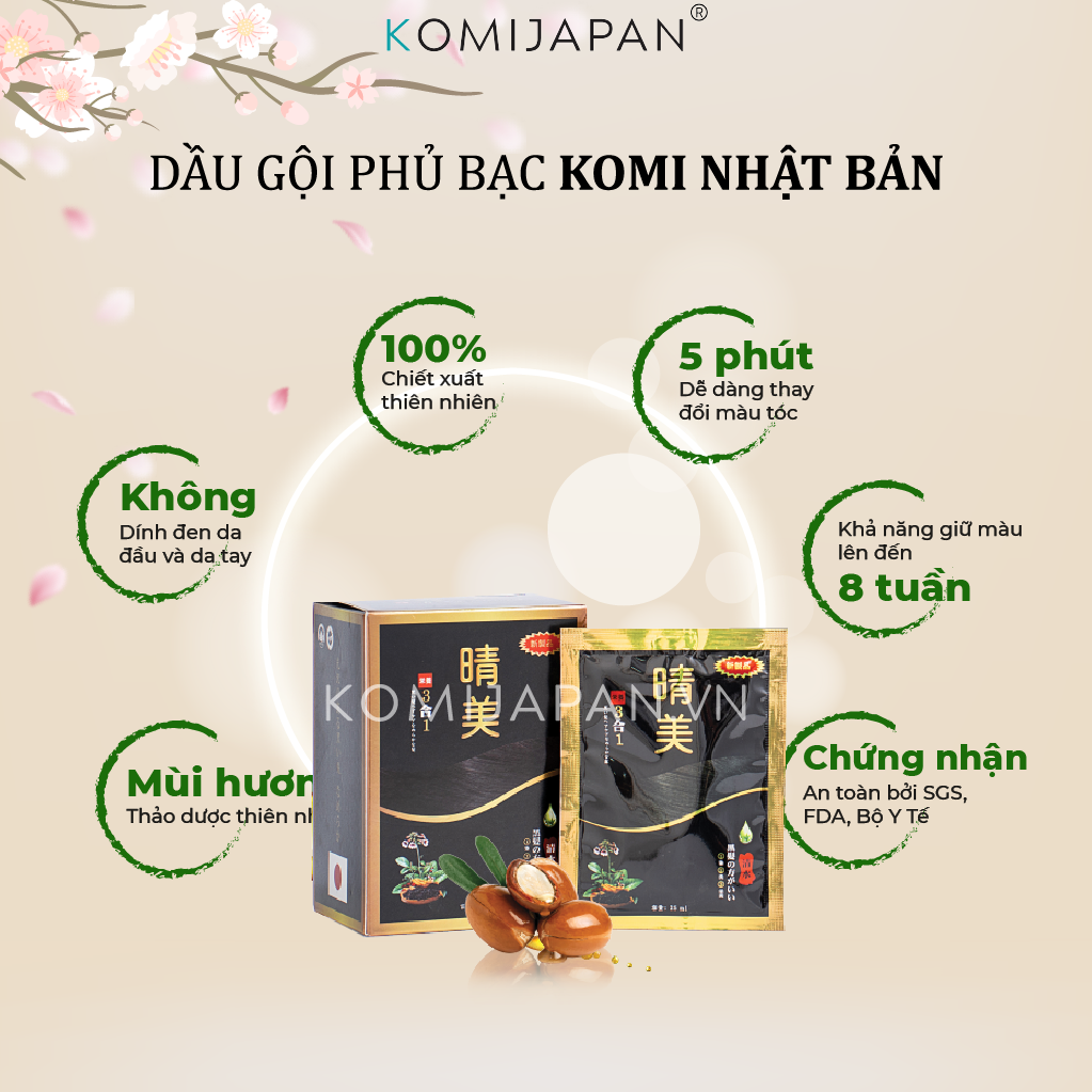 Gói dầu gội phủ bạc thảo dược thiên nhiên Komi Nhật Bản [25ml/Gói - Nâu Cà Phê]