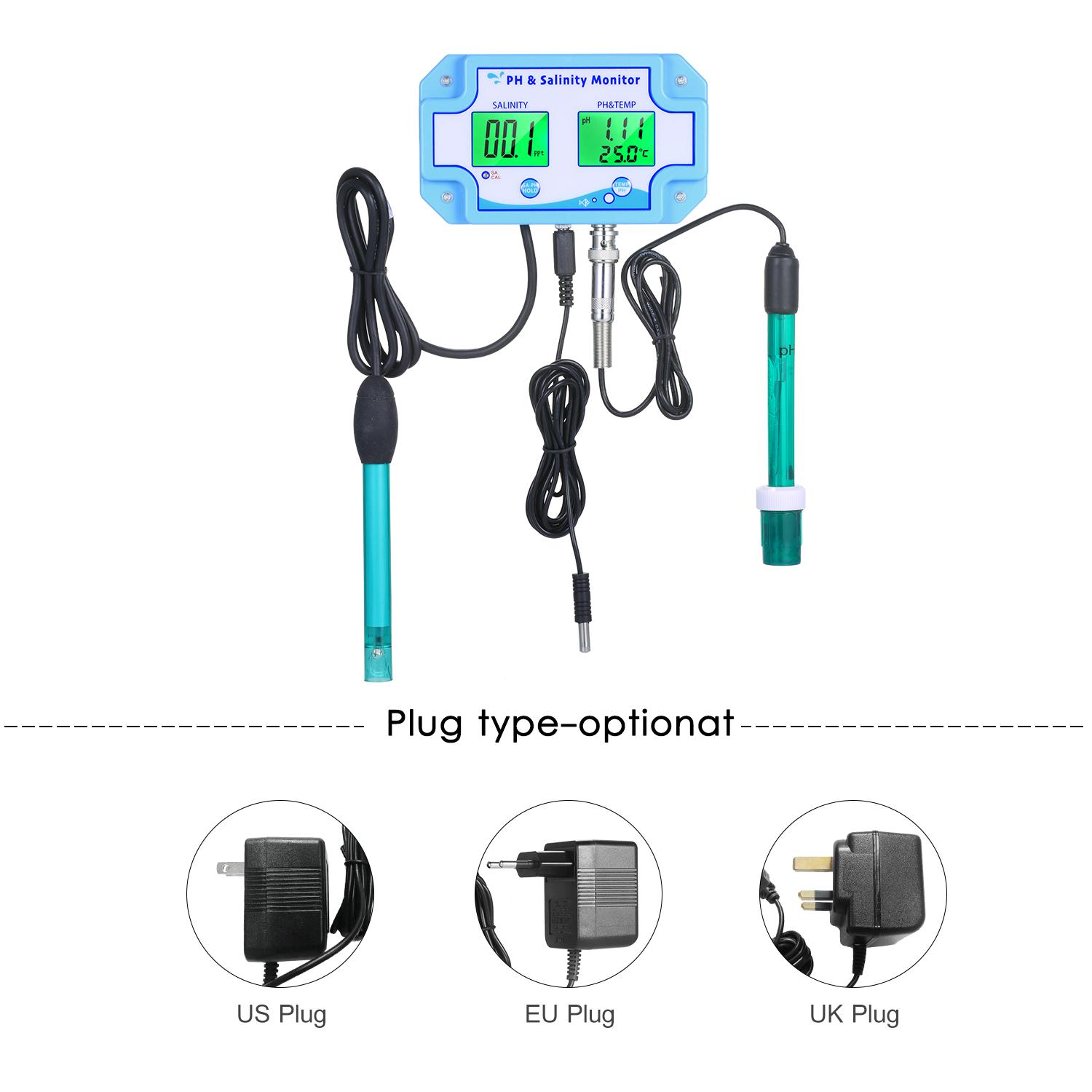 3-in-1 PH/Salinity/TEMP Water Quality Monitor Multi-functional pH & Salinity Monitor Temperature Meter Dual LCD Display
