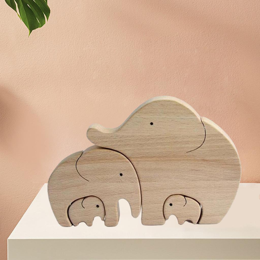 2 Set Elephant Family Statue Cute Wood Sculpture Indoor Decor Figurines