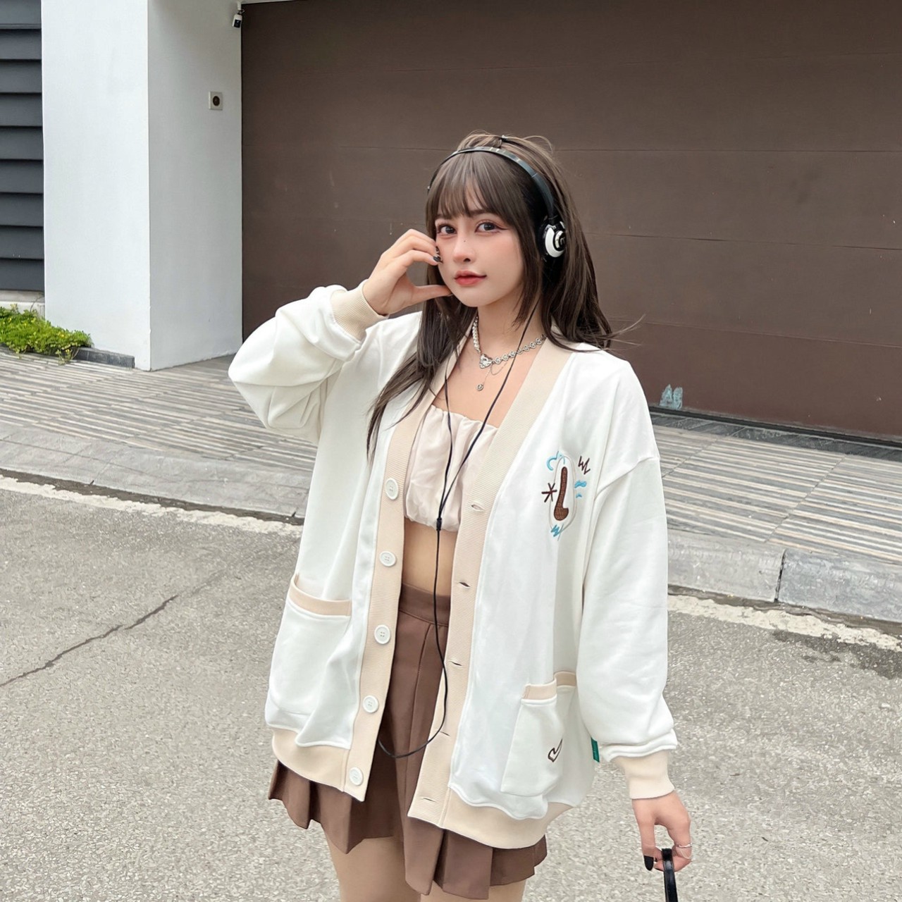 Áo Cardigan Form Rộng Unisex Trắng Phối Nâu, áo khoác cardigan Mùa Hè kiểu dáng phong cách hàn quốc cao cấp