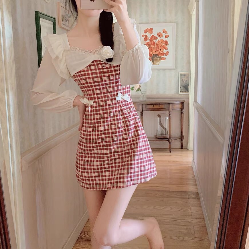 Đầm caro đỏ cổ vuông nơ phối trắng ulzzang hàn quốc
