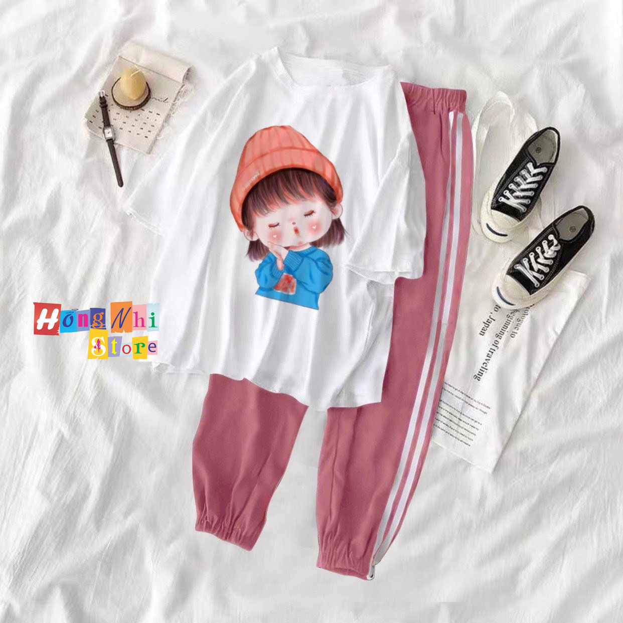 Quần Jogger Line Unisex Lưng Thun 2 Sọc Bo Lai Dáng Rộng Màu Hồng - MM - M