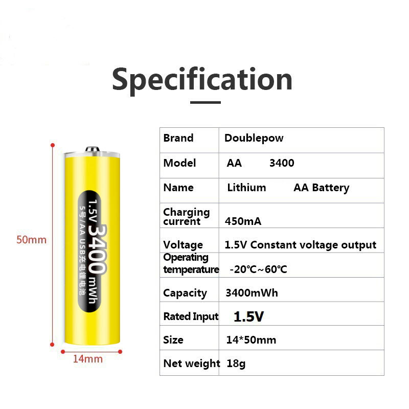 Pin sạc 1.5V AA 3400mWh Doublepow sạc trực tiếp bằng cổng USB, có sạc nhanh, dùng cho đồ chơi, điều khiển tivi. micro. Doublepow Rechargeable AA Lithium Batteries with USB Cable,1.5V AA Li-ion Battery,3400mWh High Capacity Double A Battery. Hàng Nhập Khẩu