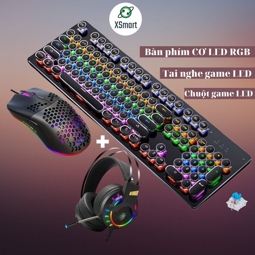 COMBO Bàn Phím Chuột CƠ XSmart Kèm Tai Nghe Chụp Tai Máy Tính Laptop PC Chơi Game Cao Cấp LED Nhiều Màu T907+M8+K3 - Hàng Chính Hãng