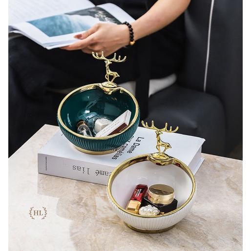 Bát Sứ Đựng Kẹo Phụ Kiện Decor 2022 | Âu Sứ Decor Kẻ Vàng Kim Vân Nổi Hình Hươu Mạ Vàng