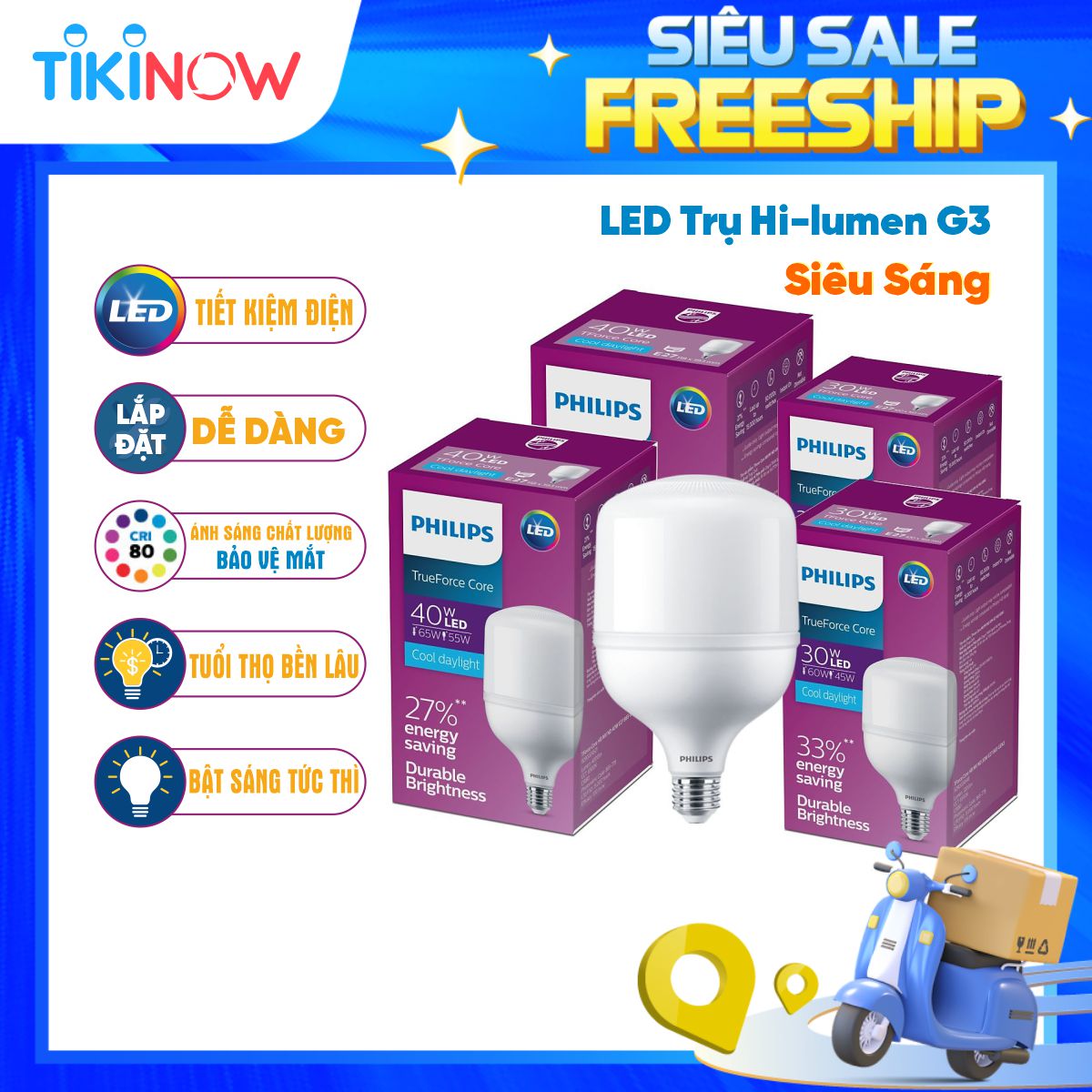 Bóng đèn LED trụ Hi-lumen G3 PHILIPS E27 - Độ sáng cao, tiết kiệm điện, chất lượng ánh sáng vượt trội - Hàng Chính Hãng 