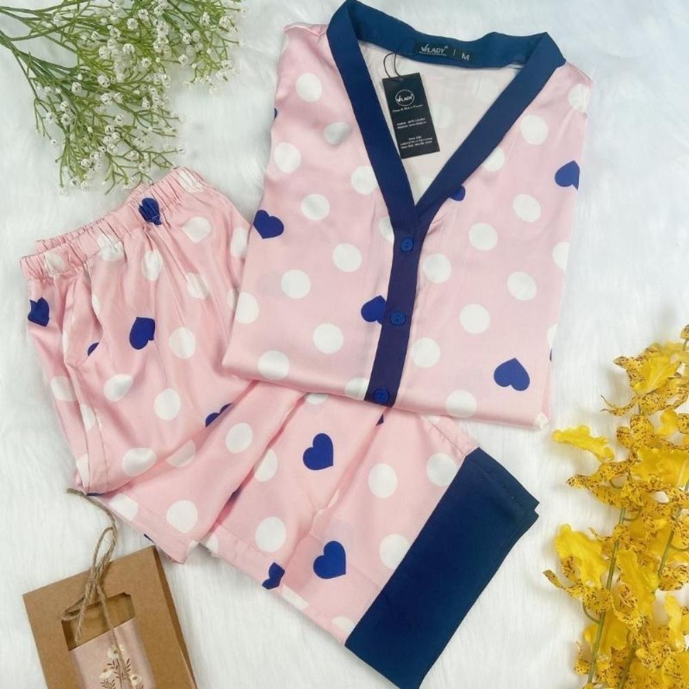 Đồ bộ pyjama nữ, đồ mặc nhà cao cấp VILADY - B103 kiểu cổ V tay dài quần dài họa tiết chấm Bi màu hồng, chất liệu lụa Pháp siêu mát