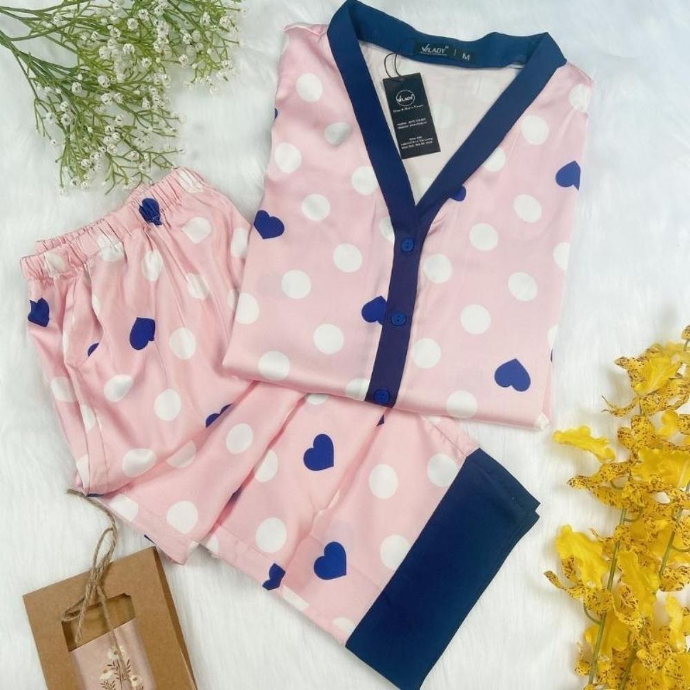 Đồ bộ pyjama nữ, đồ mặc nhà cao cấp VILADY - B103 kiểu cổ V tay dài quần dài họa tiết chấm Bi màu hồng, chất liệu lụa Pháp ( lụa latin) siêu mát