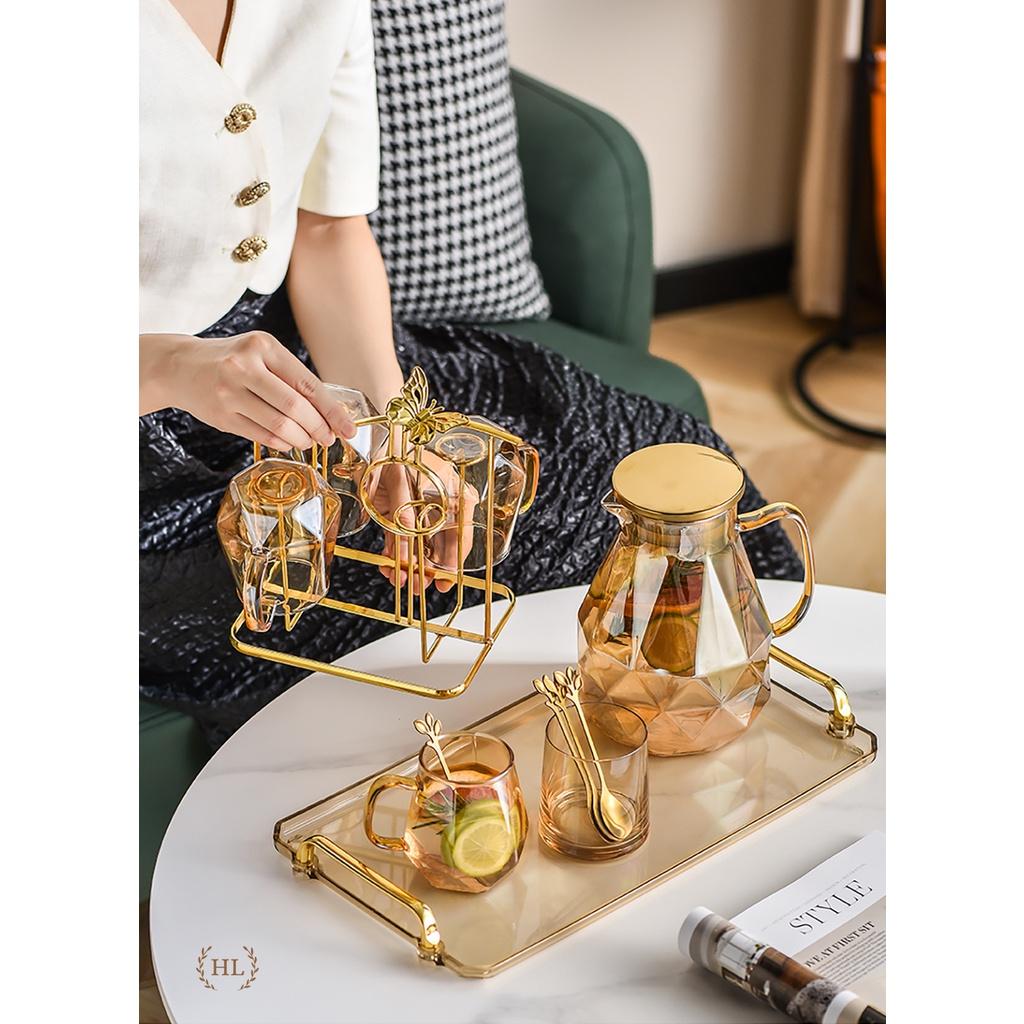 Bình Ly thuỷ tinh vàng có quai dáng kim cương | BỘ BÌNH CỐC BOROSILICATE SIÊU NHẸ - CHỊU NHIỆT - CƯỜNG LỰC LỤC GIÁC QUAI