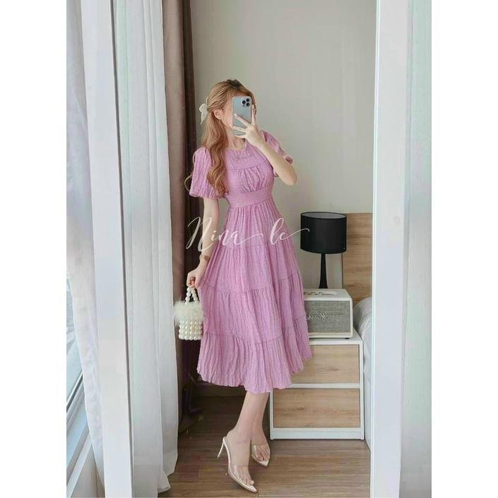 Đầm xoè tiểu thư cổ tròn nhún tầng siêu xinh