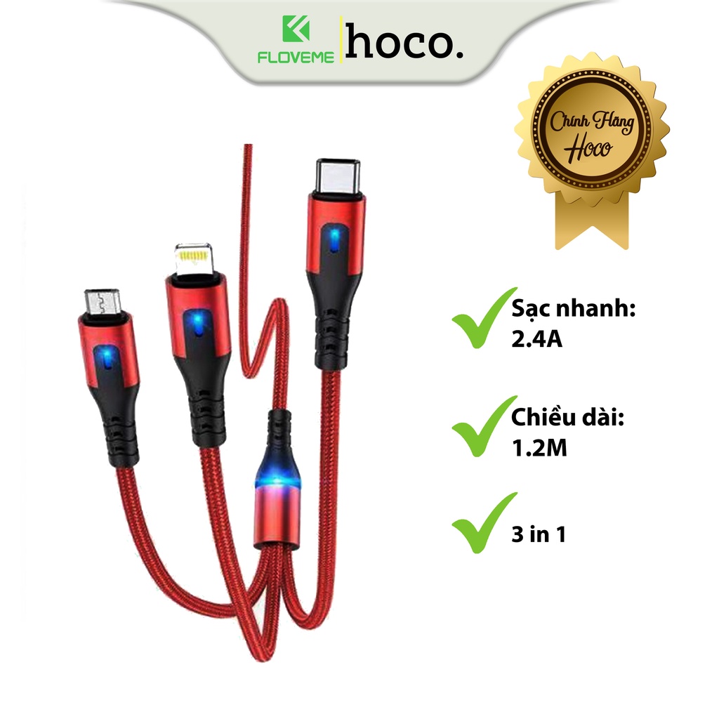 Cáp Sạc Dành Cho Hoco DU08 Plus 3 in 1, Sạc Nhanh 2.4A, Có Đèn LED, Dây Dù Chống Dối, Đứt Gãy, Hỗ Trợ Truyền Dữ Liệu, Dài 1.2m - Hàng Chính Hãng