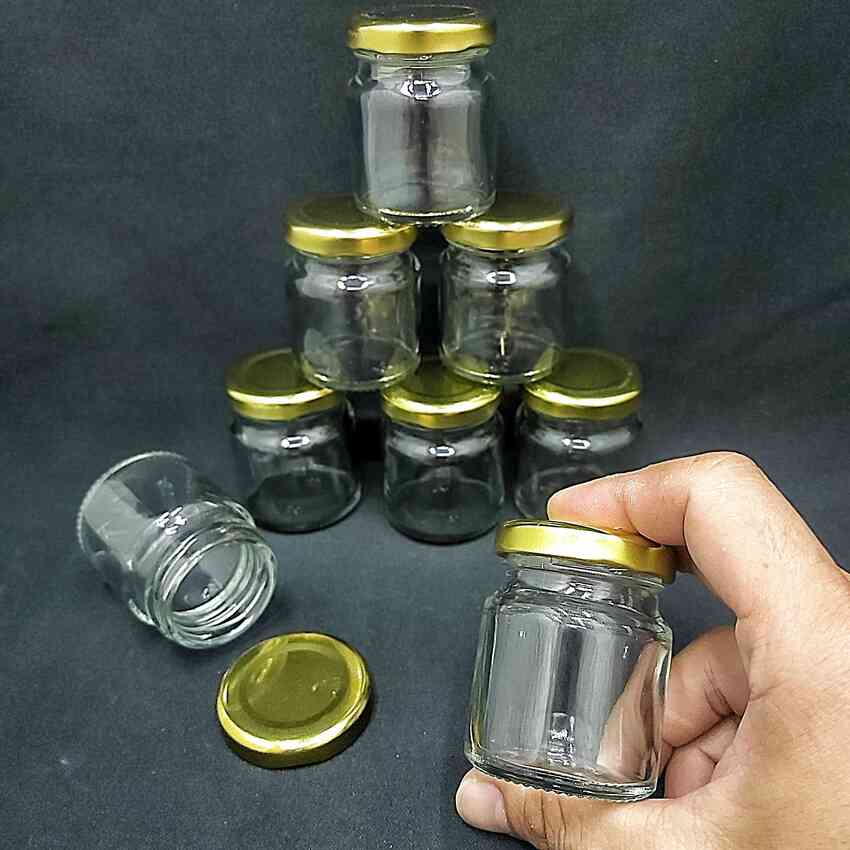 Hũ thủy tinh nhỏ 50ml mẫu Trụ Tròn nắp thiếc vàng – Lọ đựng tinh dầu, mật ong, sữa ong chúa, thực phẩm, mỹ phẩm