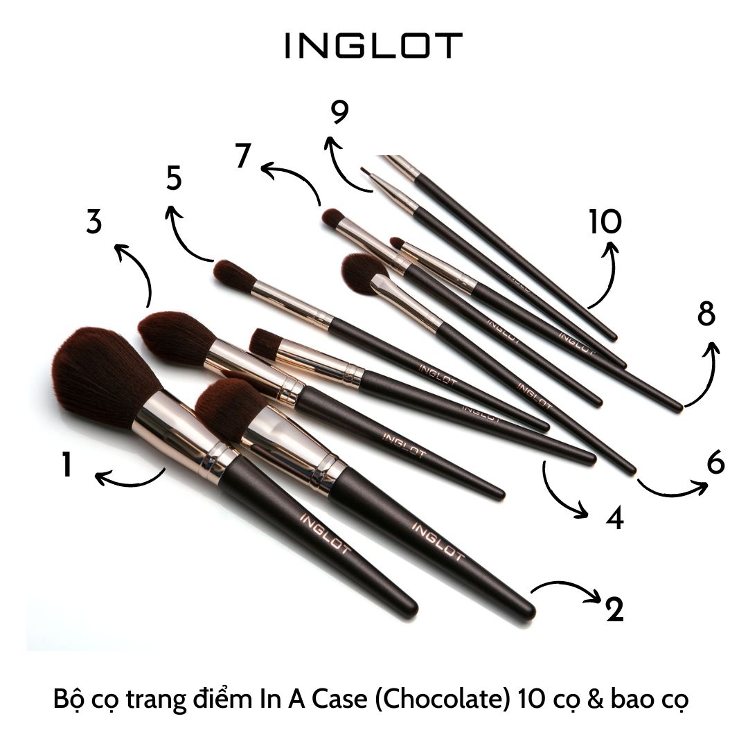 Bộ 10 Cọ trang điểm chuyên nghiệp kèm bao da - nâu Chocolate Set in A case INGLOT