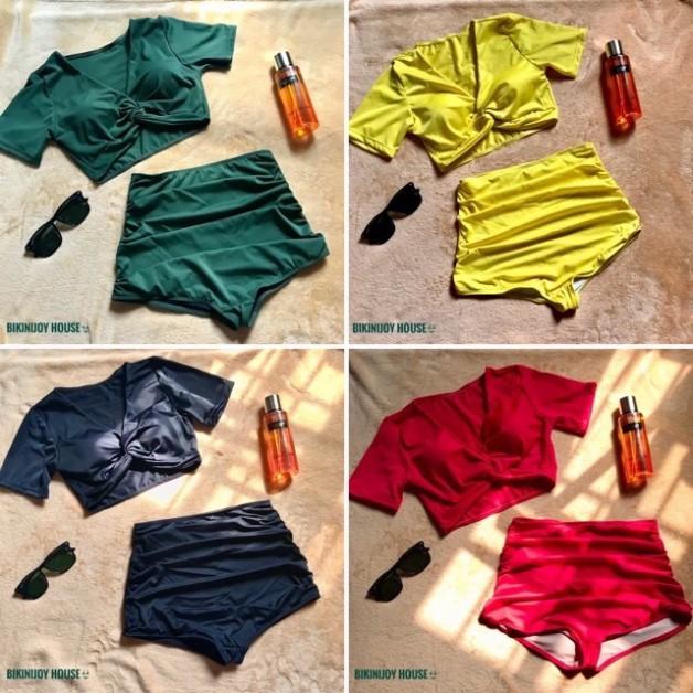 Set bikini tay ngắn xoắn ngực + quần lưng cao siêu hot