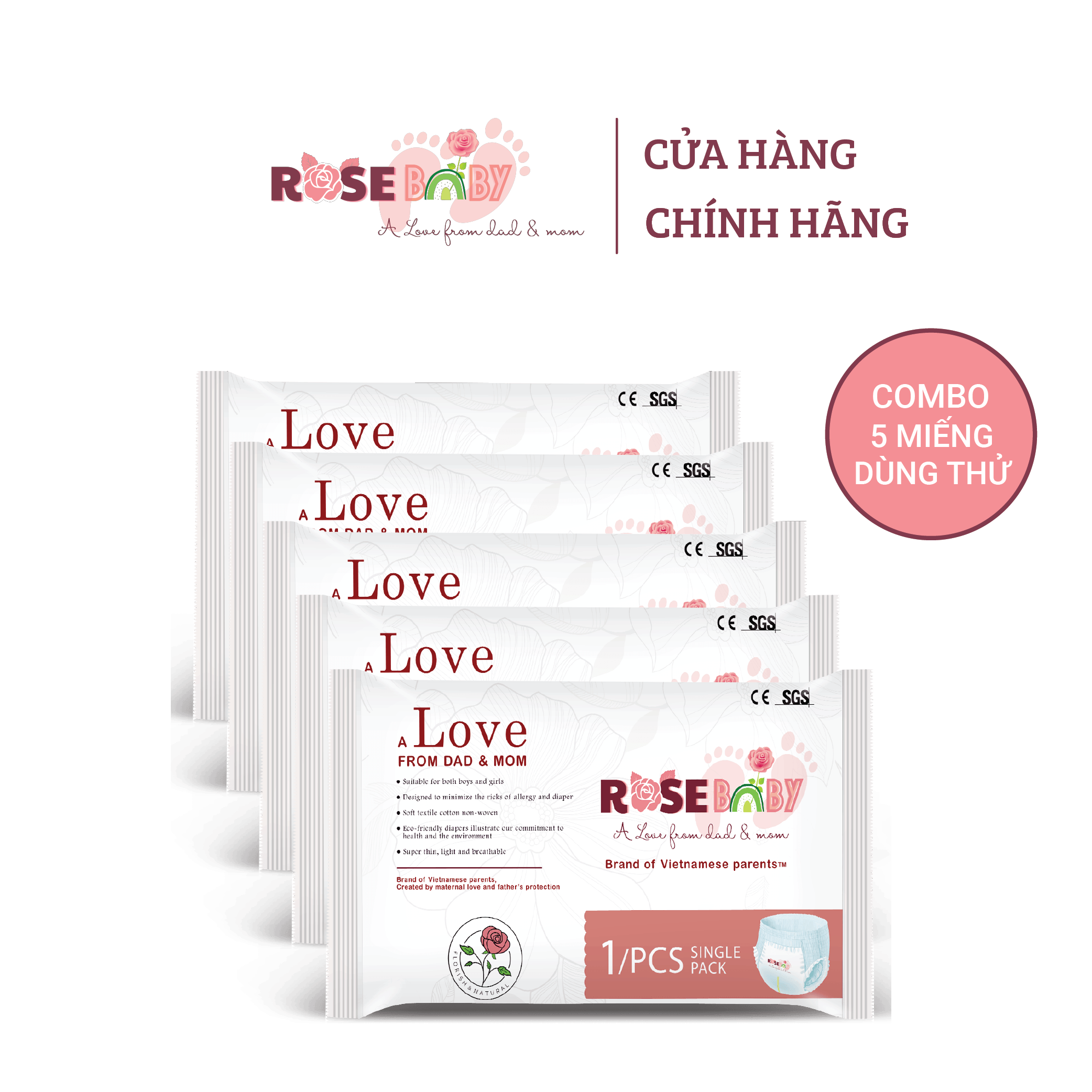 Set 5 Miếng Dùng Tã Quần ROSE BABY Dùng Thử Size XXXL