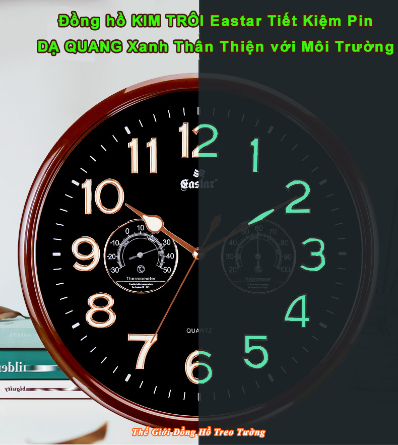 Đồng Hồ Treo Tường Có DẠ QUANG Và NHIỆT ẨM KẾ CƠ (Không Dùng Pin) - Máy EASTAR KIM TRÔI - SỐ NỔI 3D - Tặng Pin Maxell