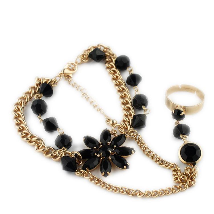 Black Rhinestone Hand Harness Bracelet Gold Slave Chain Link Finger