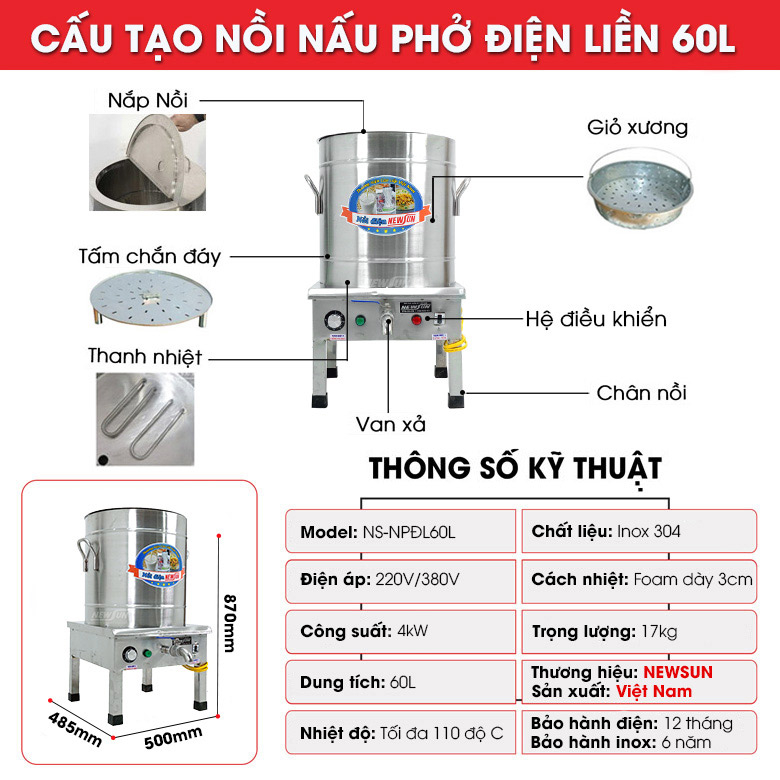 Nồi Nấu Phở Điện Liền Nồi NEWSUN 60L - Hàng chính hãng