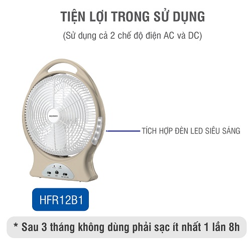 Quạt sạc tích điện chính hãng Roman tích hợp đèn LED - Sử dụng hai chế độ sạc tiện dụng - Quạt có thể  quay góc 40 độ HFR12B1