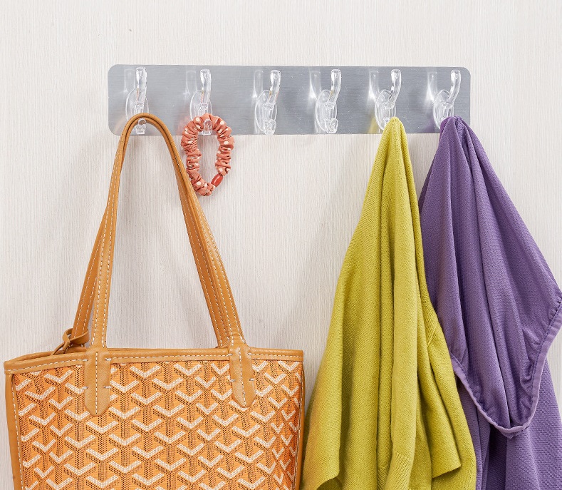 Thanh Móc Treo Dán Tường 6 Móc Nhựa Trong Chịu Lực, Dính Chắc Chắn