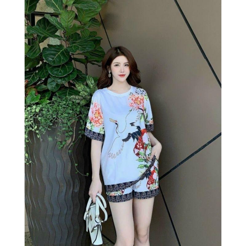 Hình ảnh Bộ đùi nữ bigsize form rộng in họa tiết 3D hoa lá chim hạc cao cấp, sét bộ đi chơi,  đồ bộ mặc nhà mùa hè mẫu mới đẹp