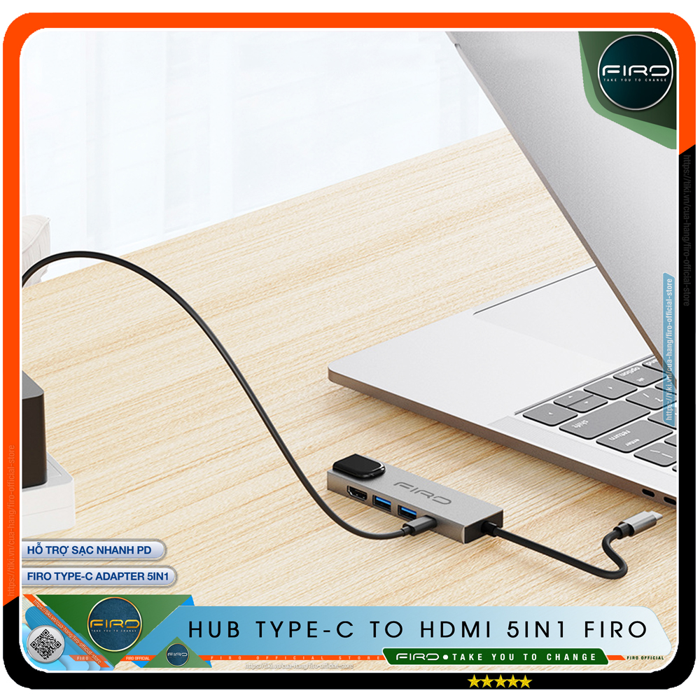 Hub Type C FIRO 5in1 - Hub Chuyển Đổi Type C To HDMI Chuẩn HDTV - 1 Cổng Mạng Lan, 1 Cổng HDMI/HDTV 4K, 2 Cổng USB 3.0, 1 Cổng Sạc Nhanh Type C PD - Kết Nối Nhiều Thiết Bị Với Tốc Độ Cao - Dùng Cho Tivi/Laptop/Playstation/PC/Smartphone – Hàng Chính Hãng