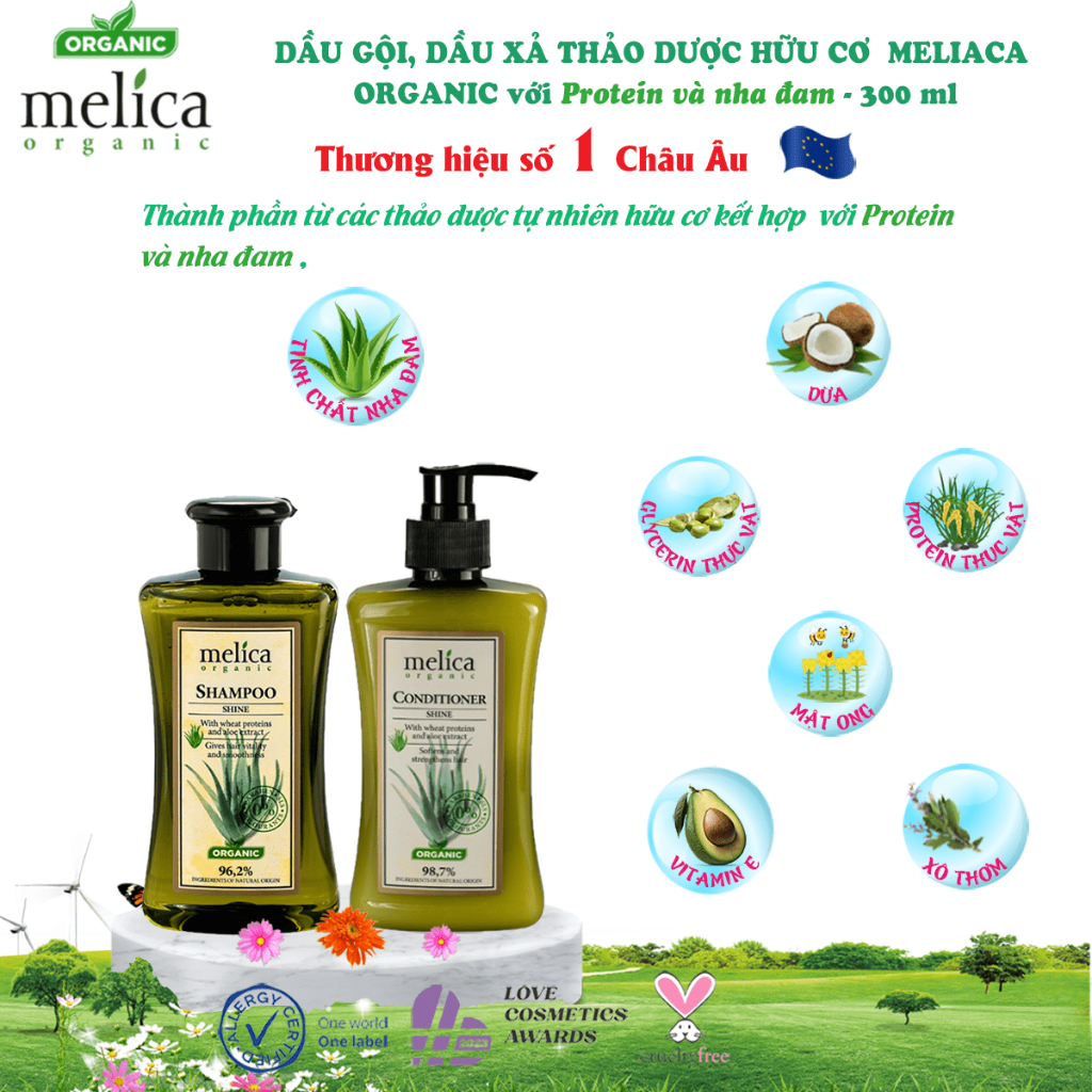 Bộ chăm sóc tóc mềm mượt, phục hồi hư tổn thảo dược hữu cơ Melica Organic dầu gội xả nha đam &amp; protein thực vật thủy phân và serum dưỡng tóc