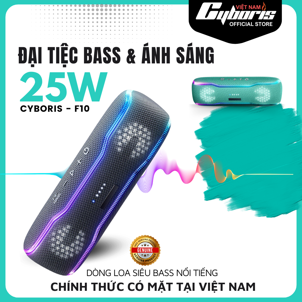 Loa Nghe Nhạc Bluetooth Cyboris F10, Loa siêu Bass,  Công suất 25W, Chống nước IPX7, Pin 2500mAh. Hàng Chính Hãng