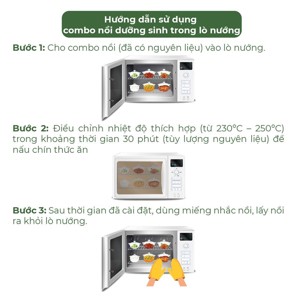 Combo 6 Nồi Sứ Nhỏ Dưỡng Sinh Minh Long có nắp, tráng men xanh rêu, dùng bếp ga, hầm cháo, kho cá