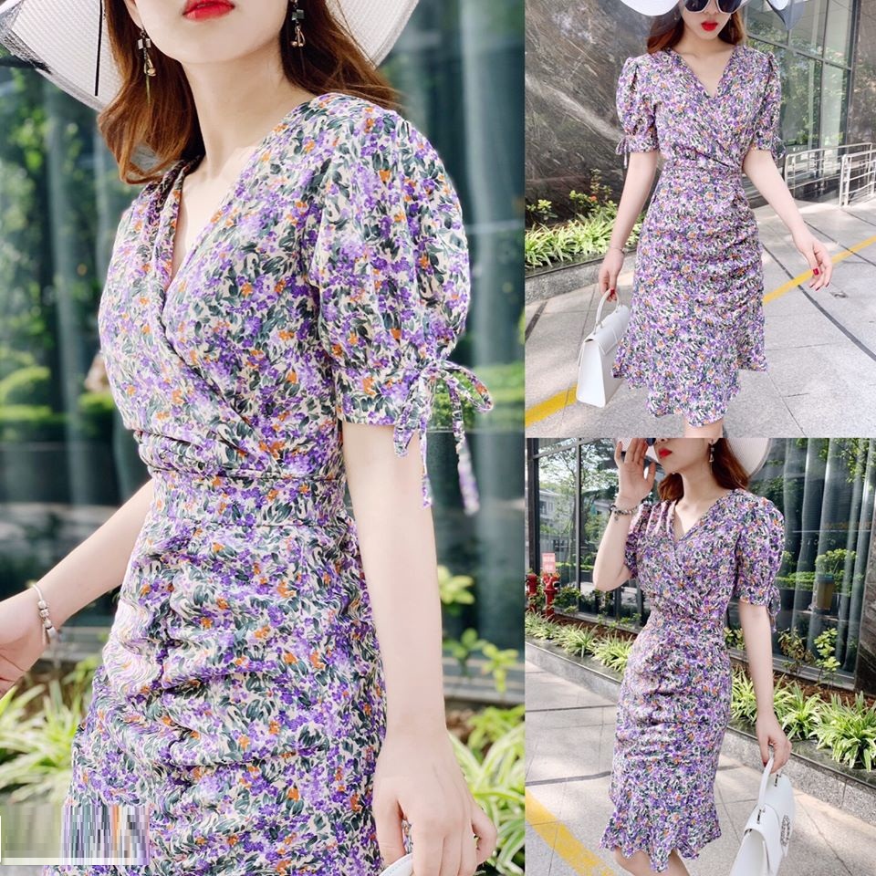 Đầm ôm cổ v nhúng bèo hoa tím BY1115