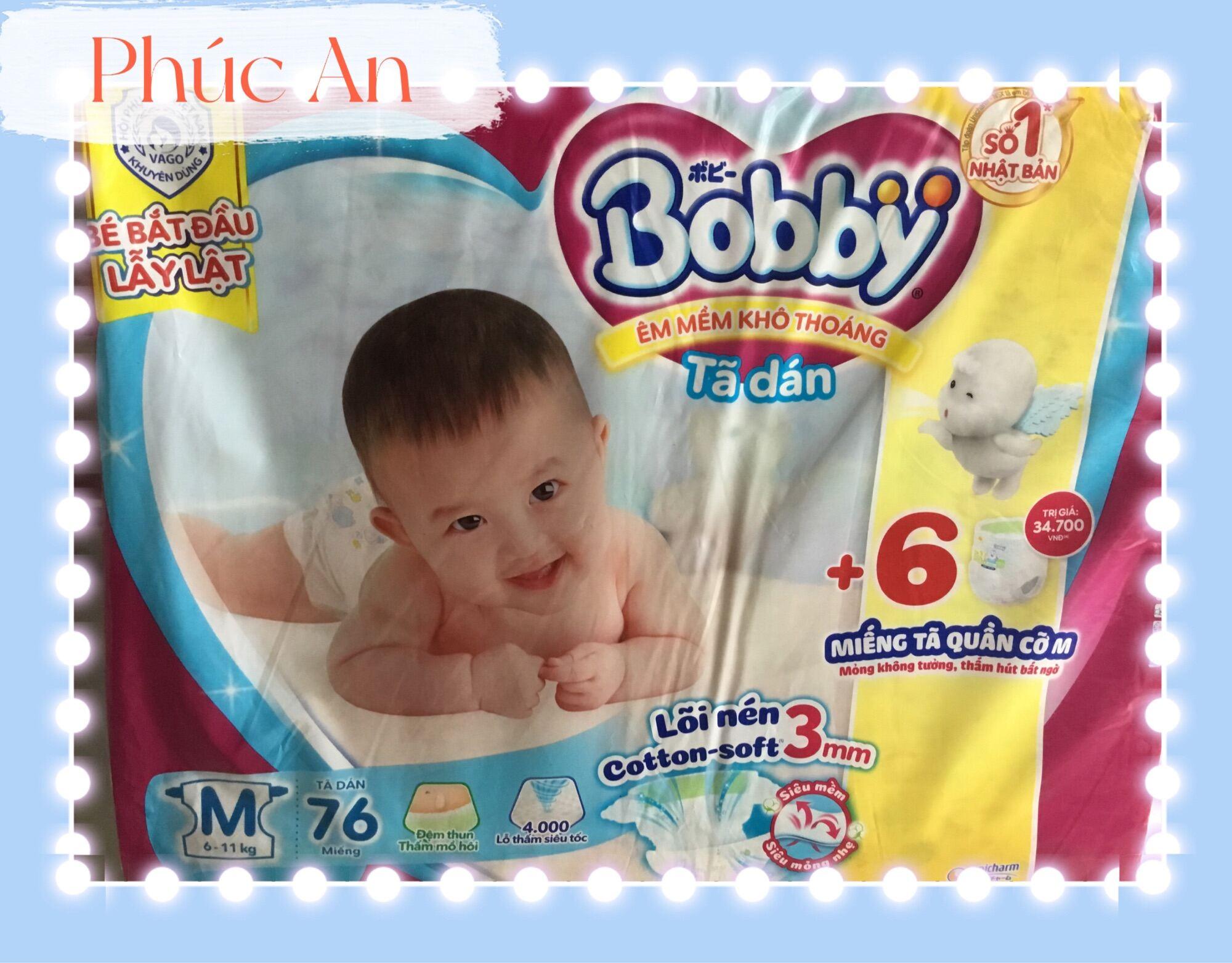 Tặng 6 miếng | Tã Dán Trẻ Em Bobby Size M 76 Miếng Êm Mềm Khô Thoáng - Bỉm Dán Bobby Size M
